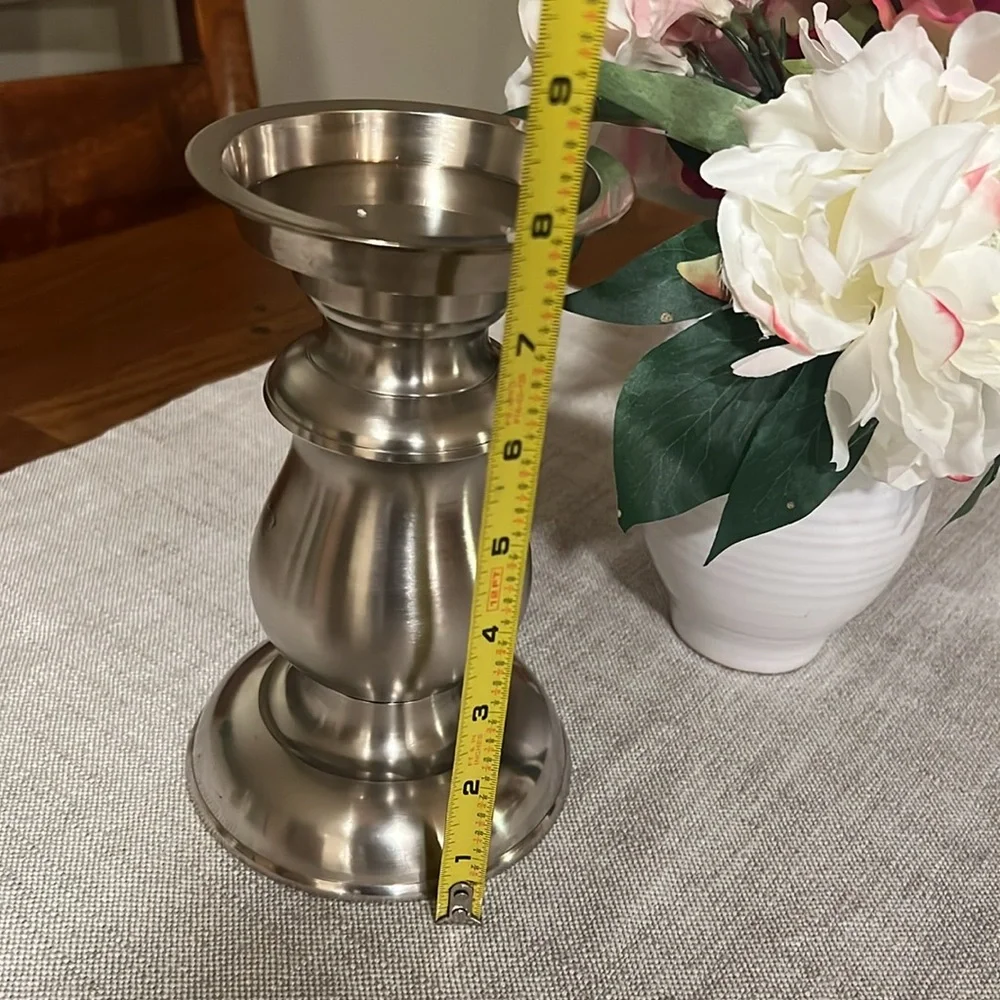 Restoration Hardware Silver Brushed Metal Pillar Candle Holder